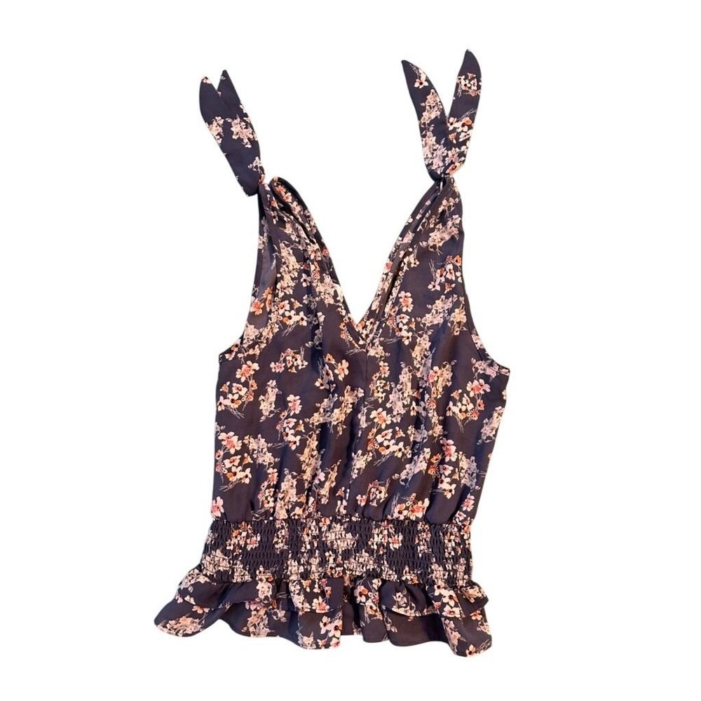 Sienna Sky Womens Blue Floral Tie Shoulder Smocked Peplum Tank Top Size M - Picture 2 of 7